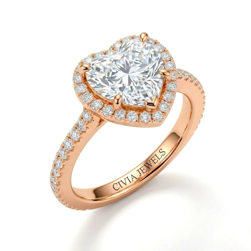 Rose Gold Heart Diamond Halo Engagement Ring With Pavé Band Design