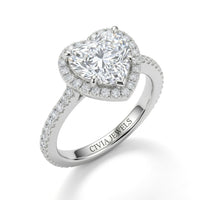 White Gold Heart Diamond Halo Engagement Ring With Pavé Band Design