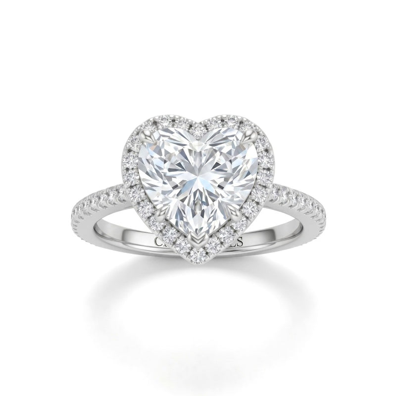 White Gold Heart Diamond Halo Engagement Ring With Pavé Band Design
