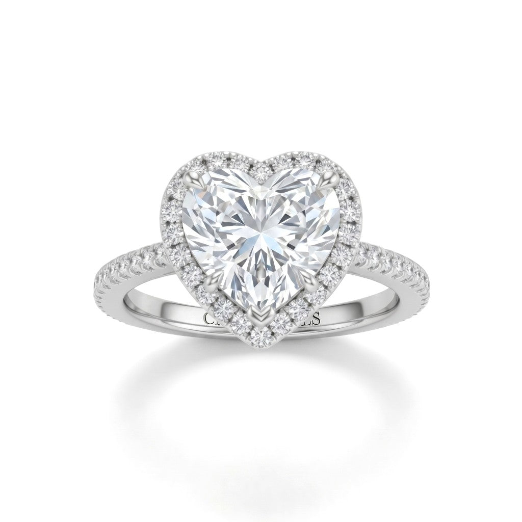 Silver Heart Diamond Halo Engagement Ring With Pavé Band Design