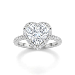 Silver Heart Diamond Halo Engagement Ring With Pavé Band Design