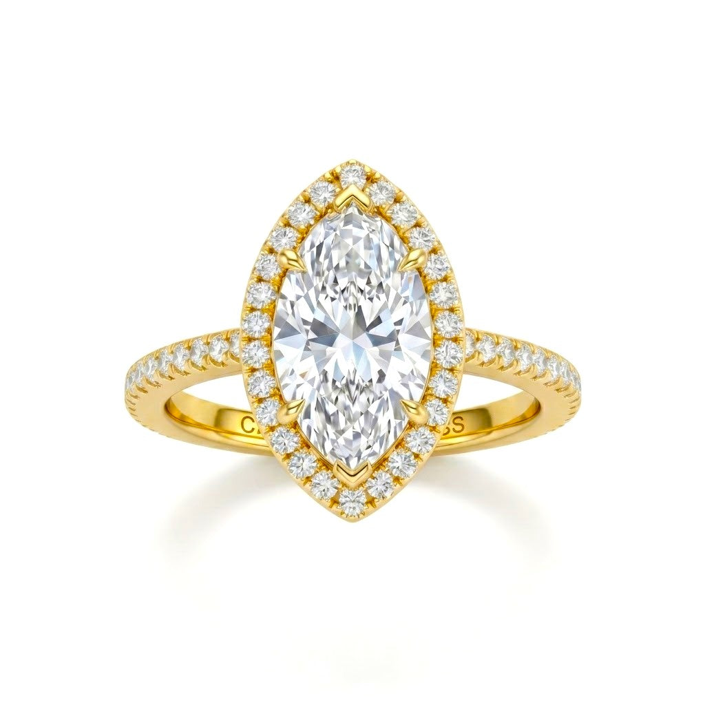 Yellow Gold Marquise Diamond Halo Engagement Ring With Pavé Band Design