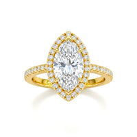 Yellow Gold Marquise Diamond Halo Engagement Ring With Pavé Band Design