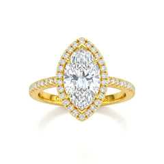 Yellow Gold Marquise Diamond Halo Engagement Ring With Pavé Band Design