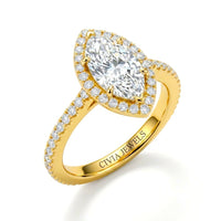 Yellow Gold Marquise Diamond Halo Engagement Ring With Pavé Band Design