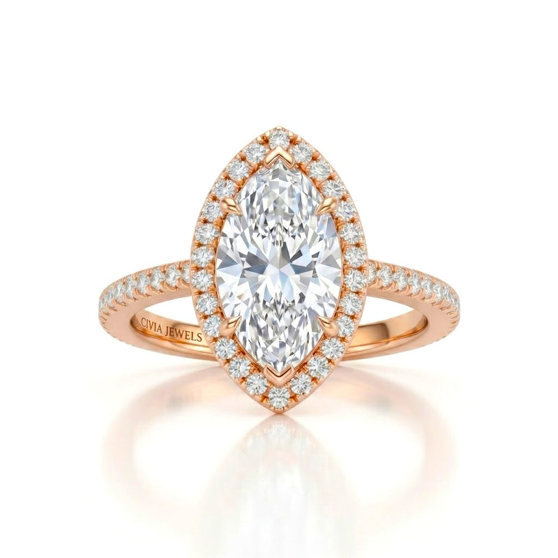 Rose Gold Marquise Diamond Halo Engagement Ring With Pavé Band Design
