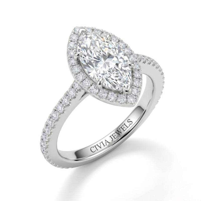 Silver Marquise Diamond Halo Engagement Ring With Pavé Band Design