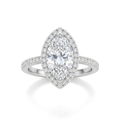 White Gold Marquise Diamond Halo Engagement Ring With Pavé Band Design