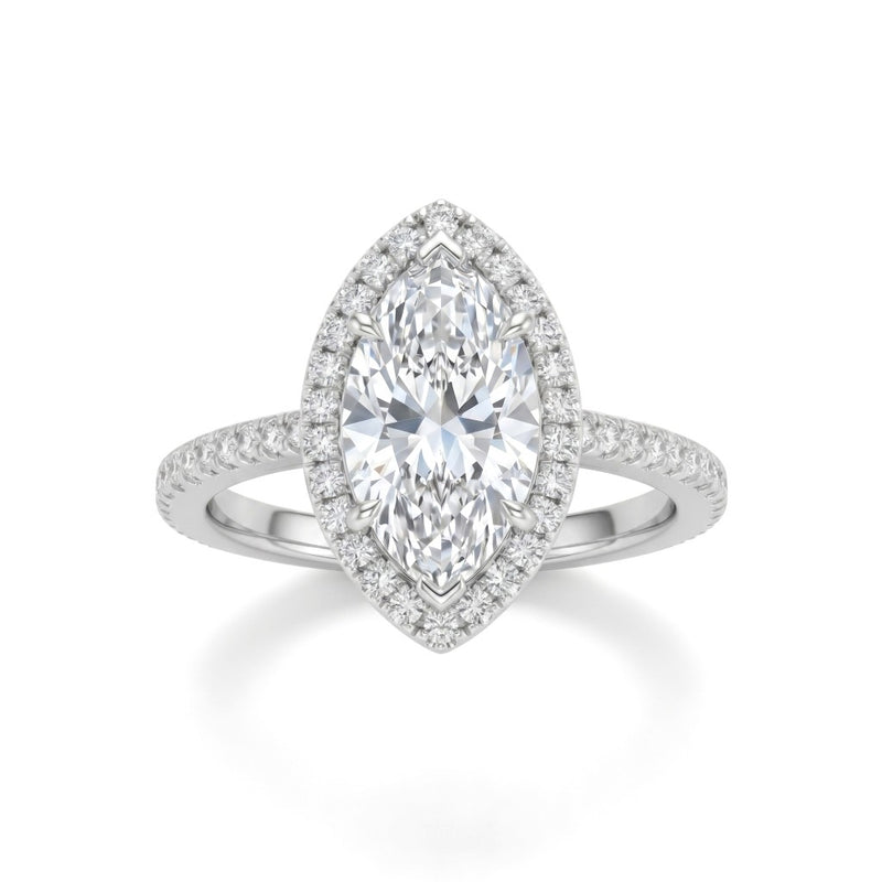 Silver Marquise Diamond Halo Engagement Ring With Pavé Band Design