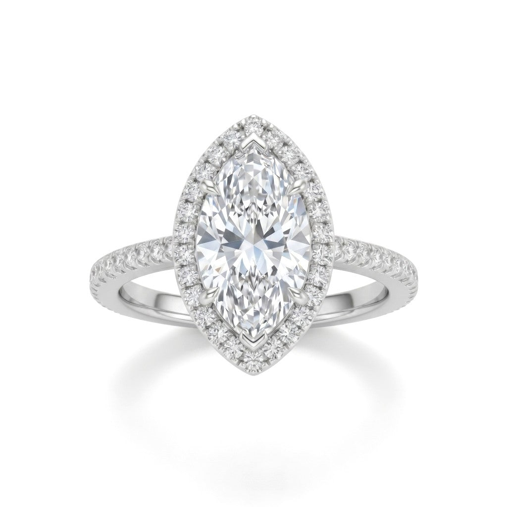Silver Marquise Diamond Halo Engagement Ring With Pavé Band Design