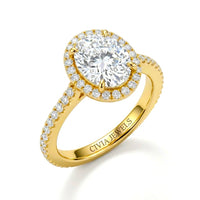 Yellow Gold Oval Diamond Halo Engagement Ring With Pavé Band Design