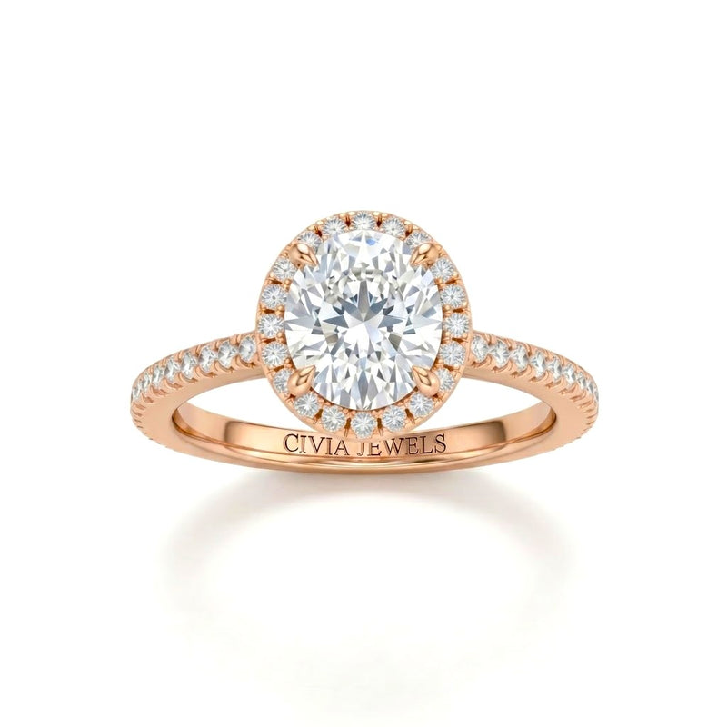 Rose Gold Oval Diamond Halo Engagement Ring With Pavé Band Design