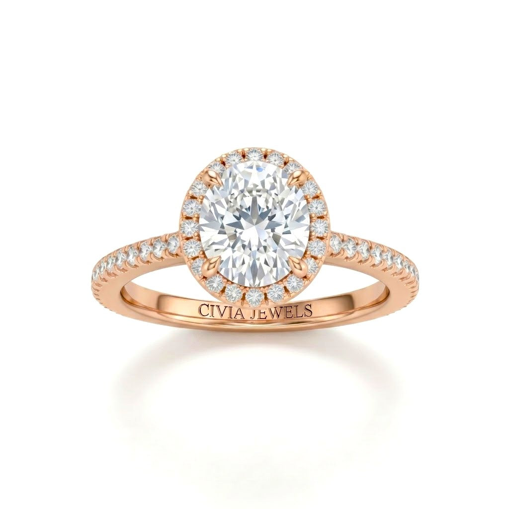Rose Gold Oval Diamond Halo Engagement Ring With Pavé Band Design