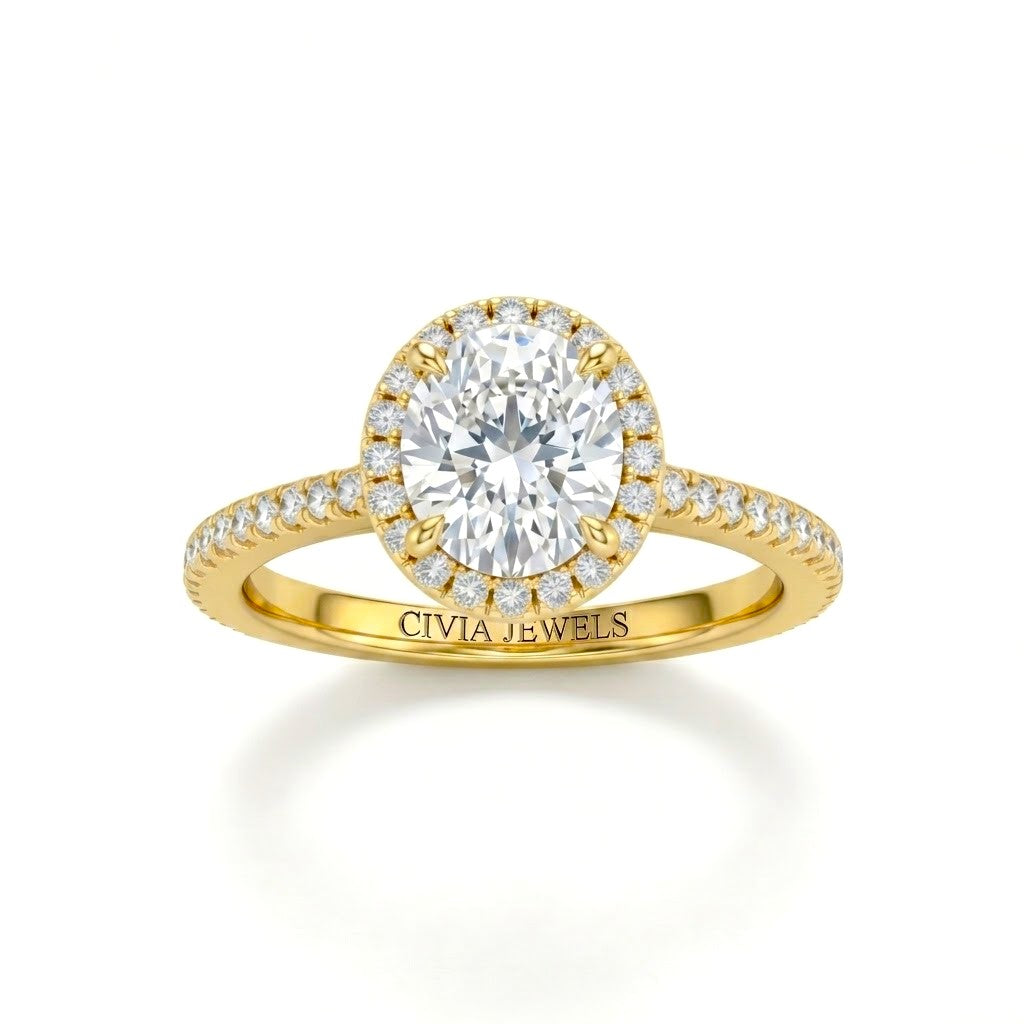 Yellow Gold Oval Diamond Halo Engagement Ring With Pavé Band Design
