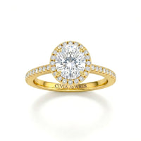 Yellow Gold Oval Diamond Halo Engagement Ring With Pavé Band Design