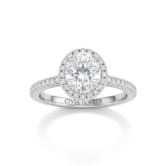 Silver Oval Diamond Halo Engagement Ring With Pavé Band Design