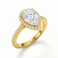 Yellow Gold Pear Diamond Halo Engagement Ring With Pavé Band Design