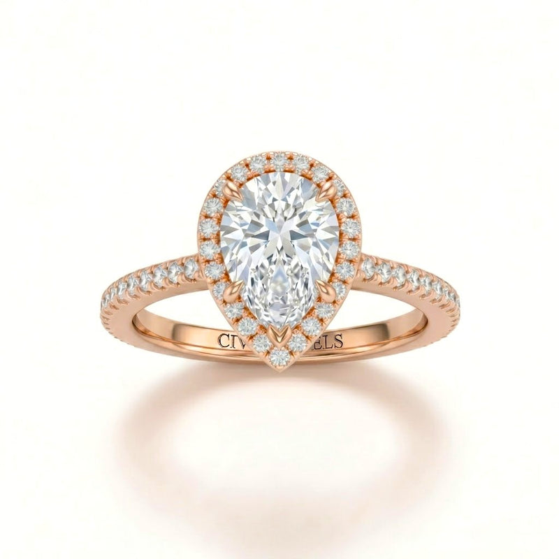 Rose Gold Pear Diamond Halo Engagement Ring With Pavé Band Design