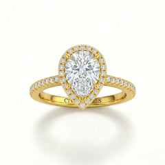 Yellow Gold Pear Diamond Halo Engagement Ring With Pavé Band Design