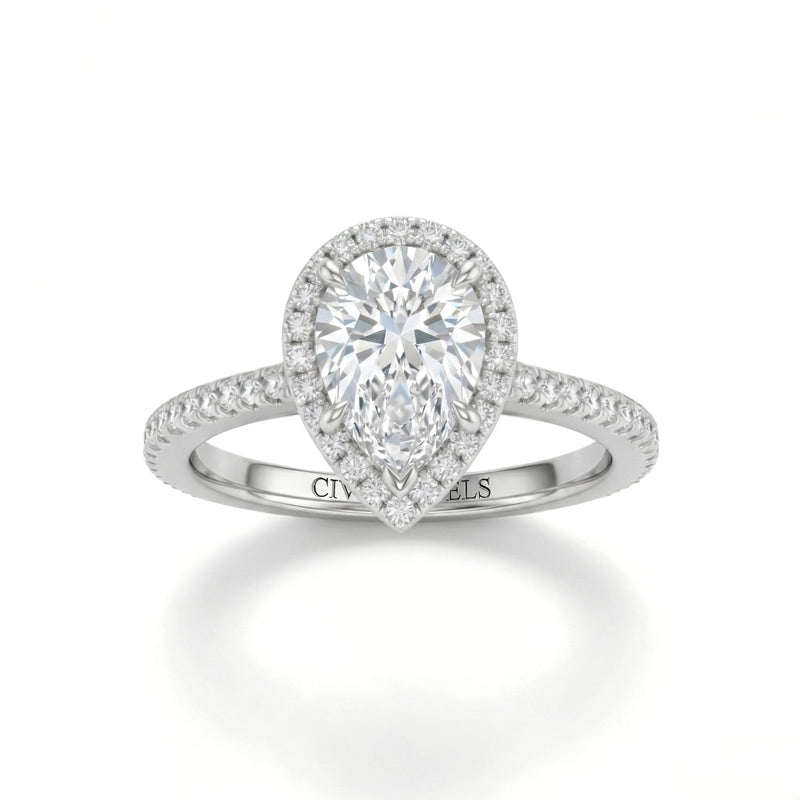 White Gold Pear Diamond Halo Engagement Ring With Pavé Band Design