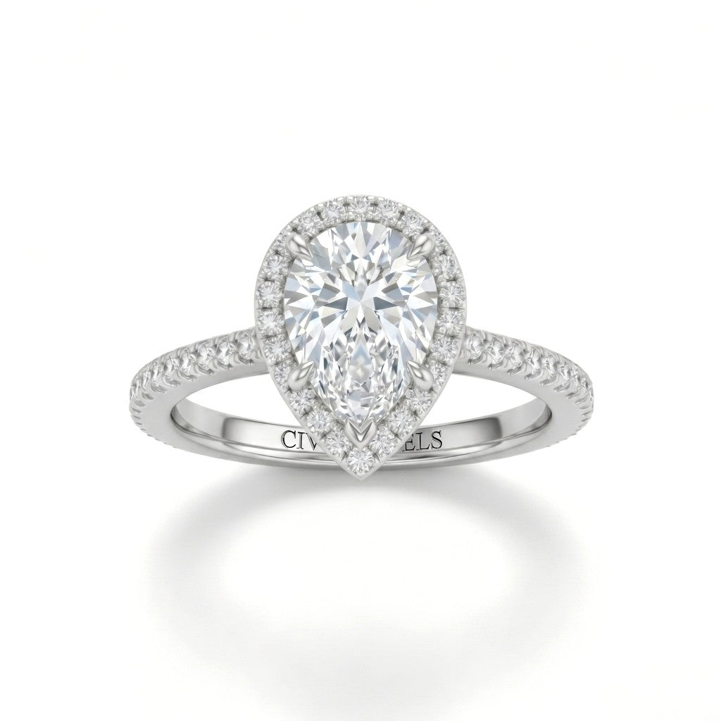 Silver Pear Diamond Halo Engagement Ring With Pavé Band Design