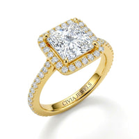 Yellow Gold Princess Diamond Halo Engagement Ring With Pavé Band Design