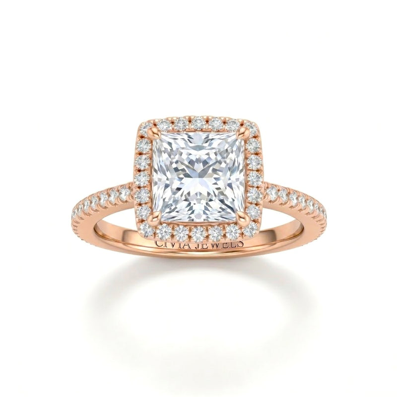 Rose Gold Princess Diamond Halo Engagement Ring With Pavé Band Design