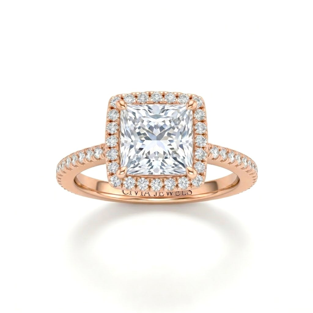 Rose Gold Princess Diamond Halo Engagement Ring With Pavé Band Design
