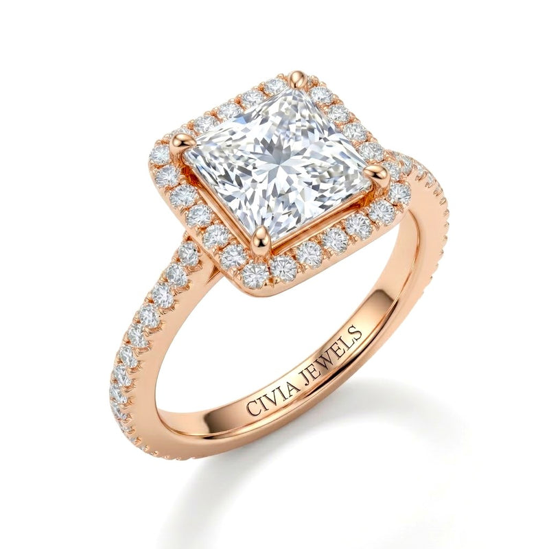 Rose Gold Princess Diamond Halo Engagement Ring With Pavé Band Design