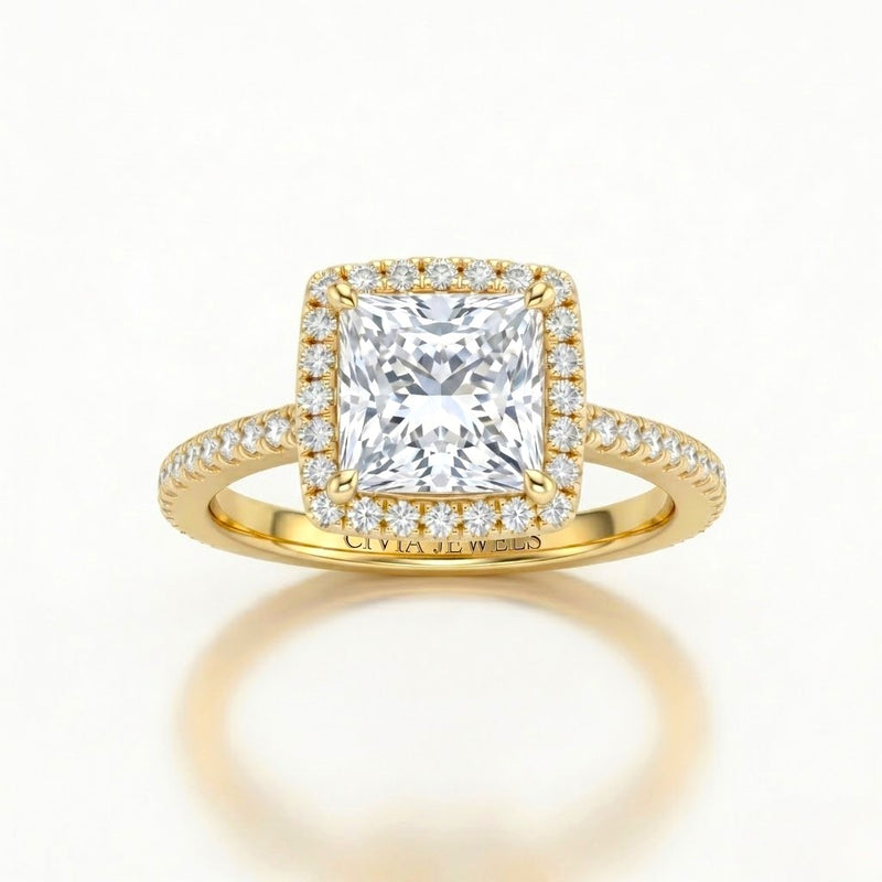 Yellow Gold Princess Diamond Halo Engagement Ring With Pavé Band Design