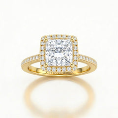 Yellow Gold Princess Diamond Halo Engagement Ring With Pavé Band Design
