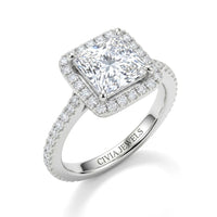 White Gold Princess Diamond Halo Engagement Ring With Pavé Band Design