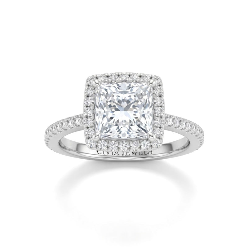 White Gold Princess Diamond Halo Engagement Ring With Pavé Band Design