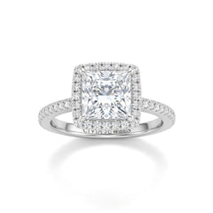 White Gold Princess Diamond Halo Engagement Ring With Pavé Band Design