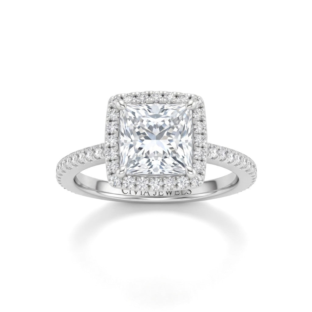 Silver Princess Diamond Halo Engagement Ring With Pavé Band Design