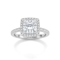 Silver Princess Diamond Halo Engagement Ring With Pavé Band Design