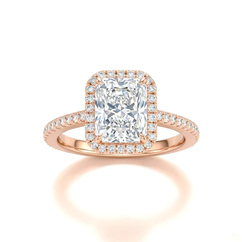 Rose Gold Radiant Diamond Halo Engagement Ring With Pavé Band Design