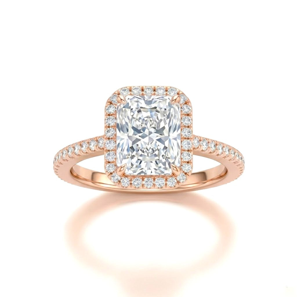 Rose Gold Radiant Diamond Halo Engagement Ring With Pavé Band Design
