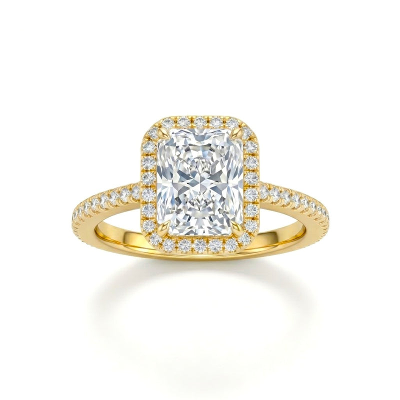 Yellow Gold Radiant Diamond Halo Engagement Ring With Pavé Band Design
