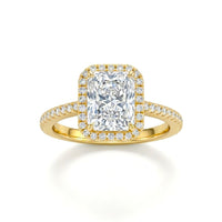 Yellow Gold Radiant Diamond Halo Engagement Ring With Pavé Band Design