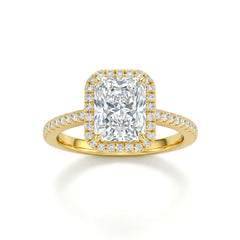 Yellow Gold Radiant Diamond Halo Engagement Ring With Pavé Band Design