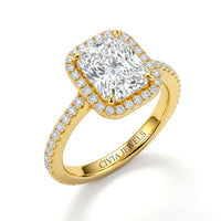 Yellow Gold Radiant Diamond Halo Engagement Ring With Pavé Band Design