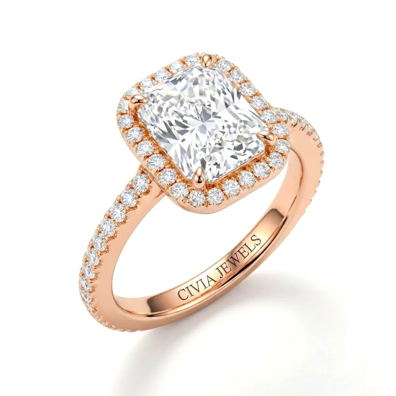 Rose Gold Radiant Diamond Halo Engagement Ring With Pavé Band Design