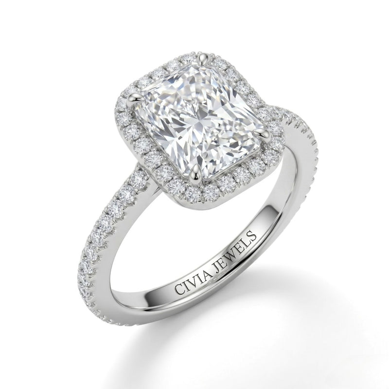 Silver Radiant Diamond Halo Engagement Ring With Pavé Band Design