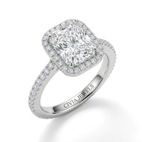 White Gold Radiant Diamond Halo Engagement Ring With Pavé Band Design