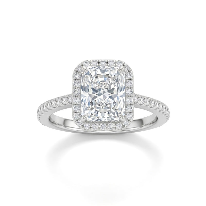 Silver Radiant Diamond Halo Engagement Ring With Pavé Band Design