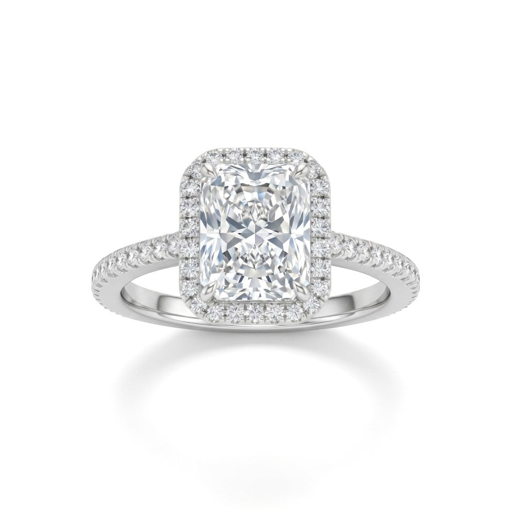 Silver Radiant Diamond Halo Engagement Ring With Pavé Band Design