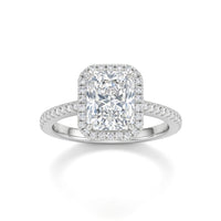 Silver Radiant Diamond Halo Engagement Ring With Pavé Band Design