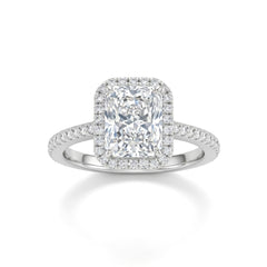 White Gold Radiant Diamond Halo Engagement Ring With Pavé Band Design