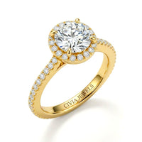 Yellow Gold Round Diamond Halo Engagement Ring With Pavé Band Design